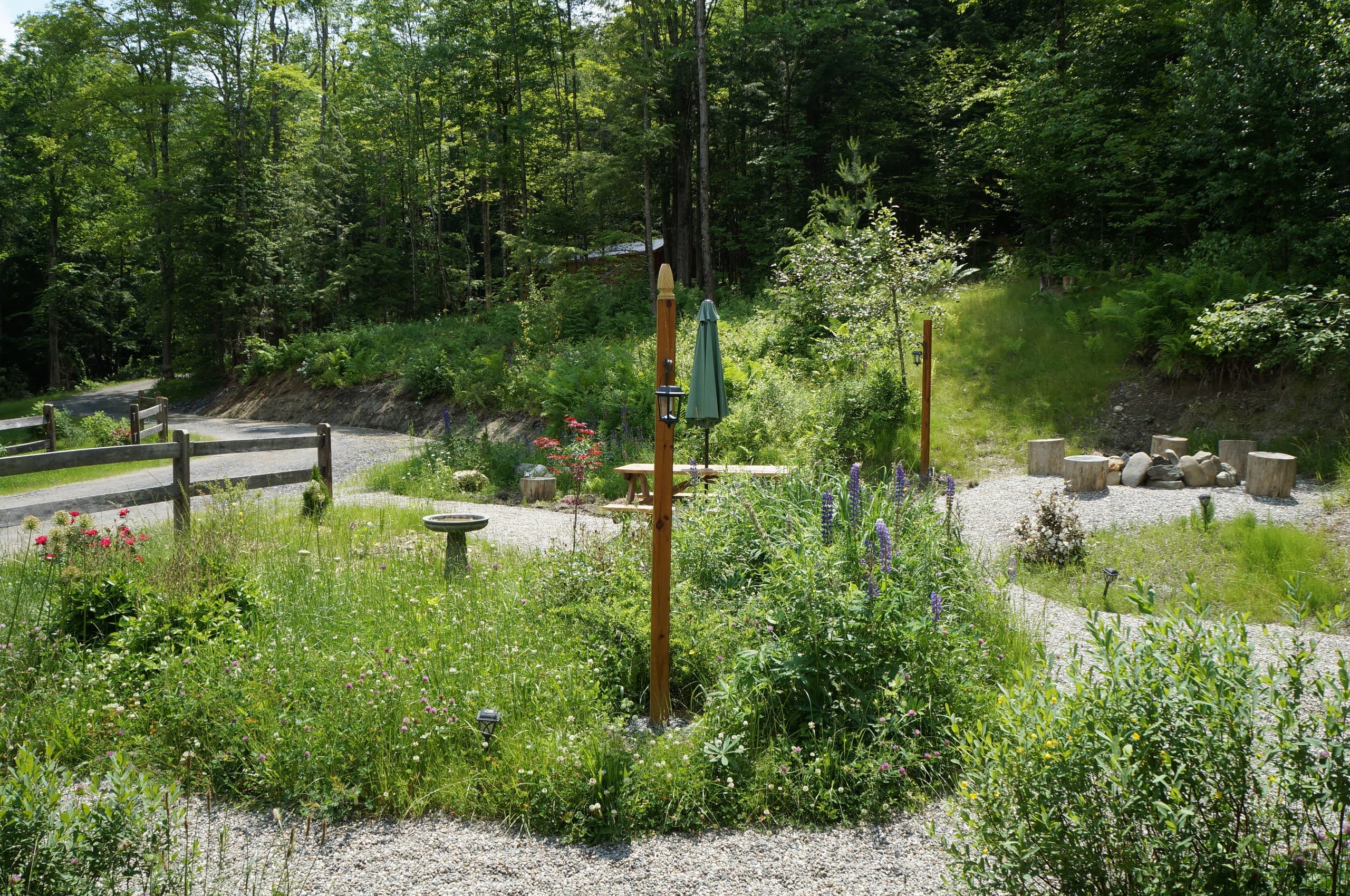 Wychwood grounds — wildflower garden, split-rail fence, gravel paths, and fire pit at the forest edge